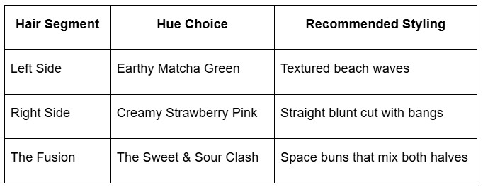 Creative chart displaying split dye hair ideas with earthy matcha green on one side and strawberry pink on the other, plus styling recommendations