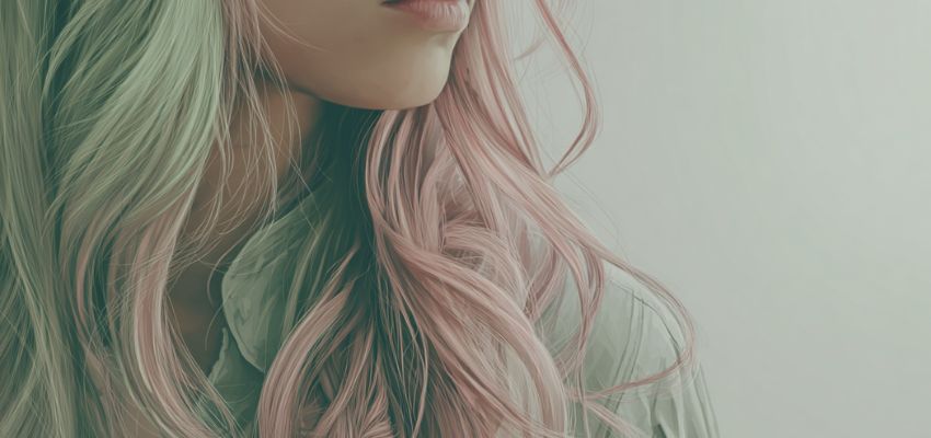Beautiful profile view of long wavy hair with soft pink and mint green split dye hair ideas, creating a dreamy pastel contrast