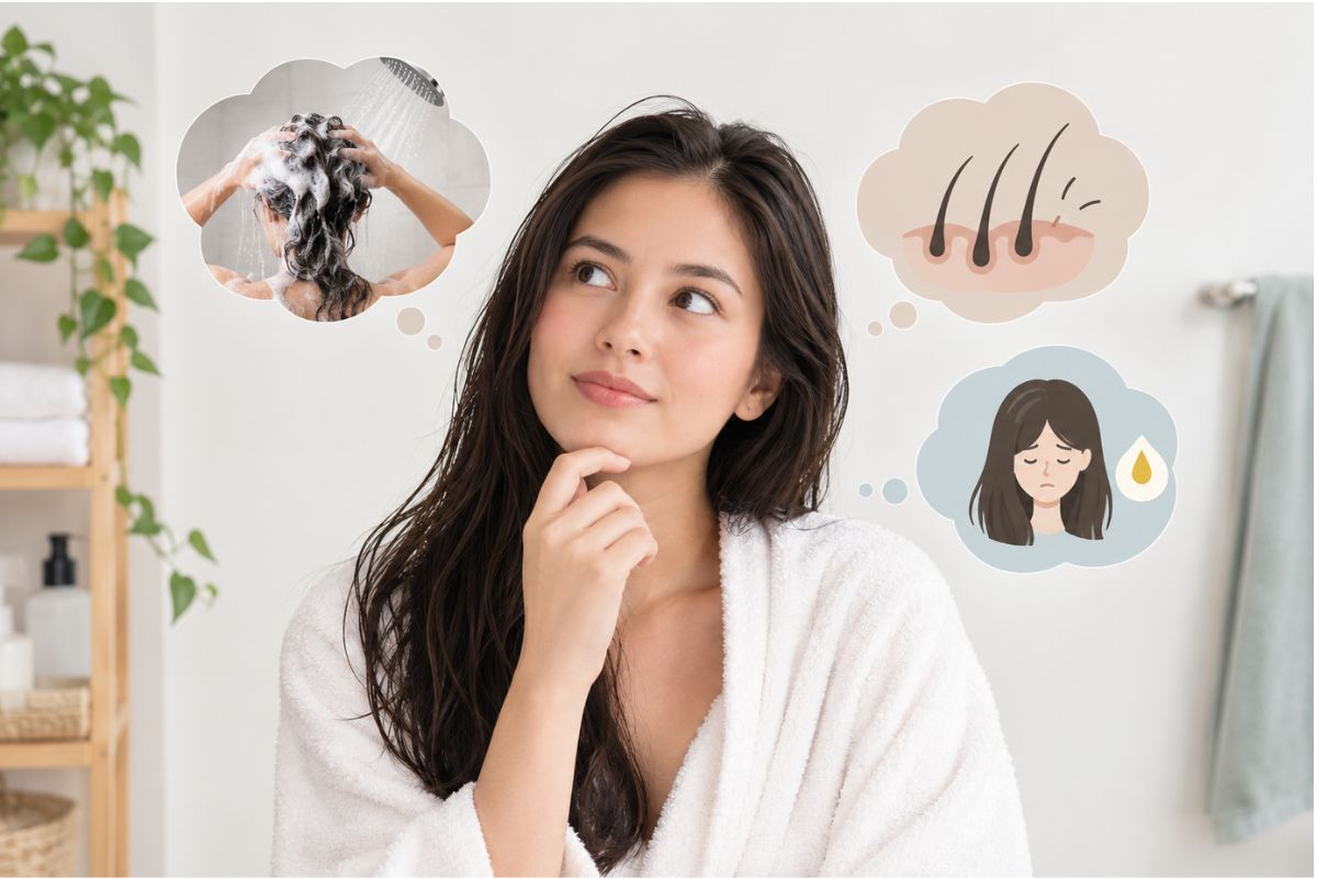 Is it bad to wash your hair everyday? Woman considering daily hair washing and scalp health