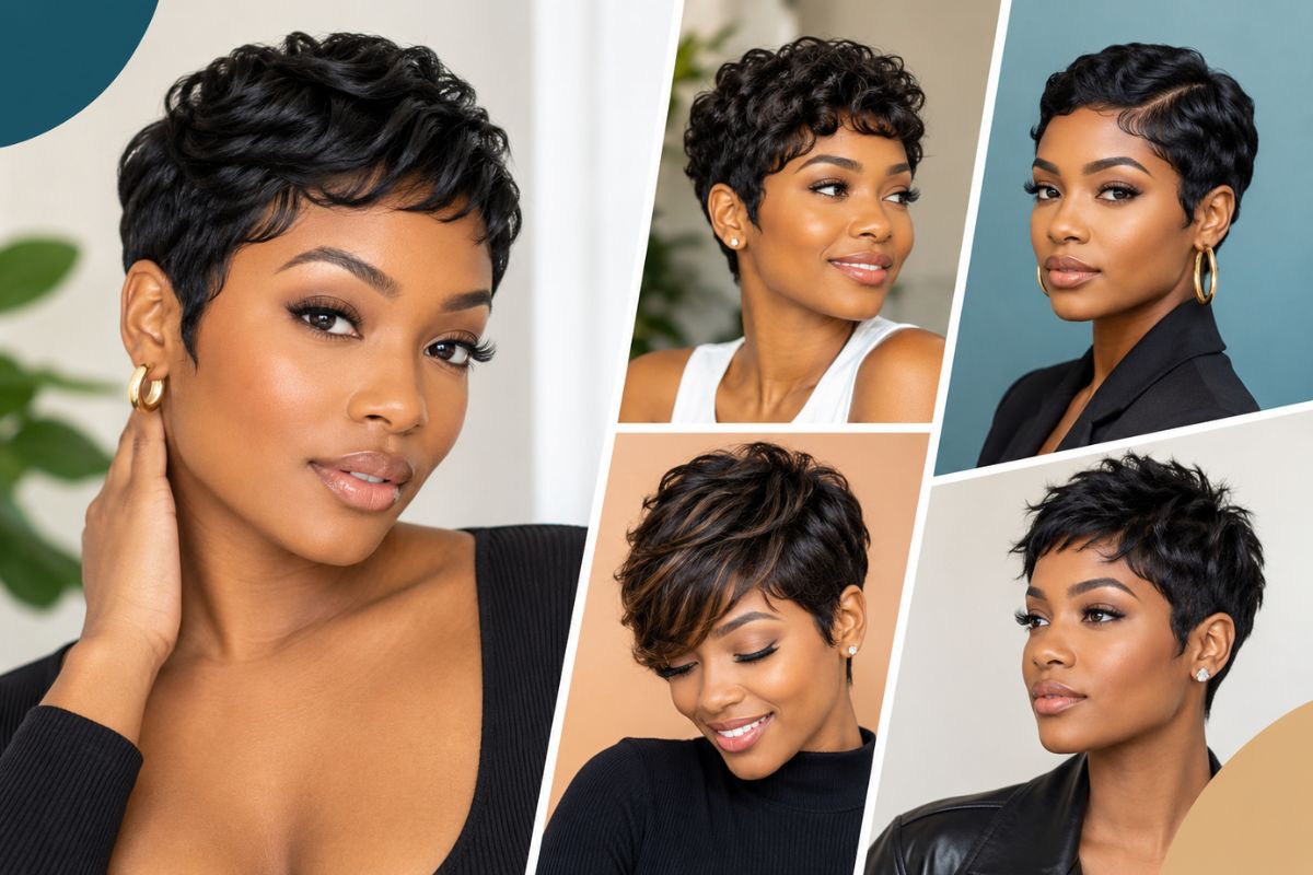 Collage of stylish short hairstyles highlighting popular pixie cuts for black women.