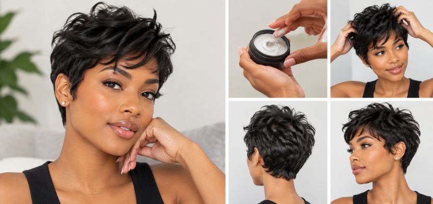 Woman showcasing a textured short style with care tips for pixie cuts for black women.